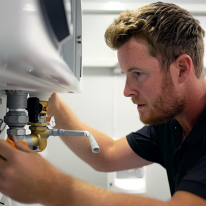Plumber inspecting a water heater in Blacktown, ensuring optimal system performance.