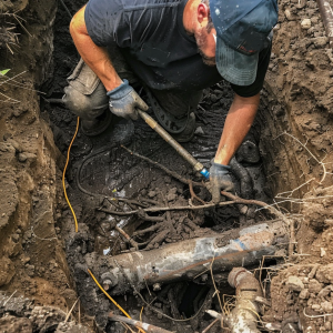 Plumber removing invasive tree roots from pipes to prevent blockages in Blacktown properties.